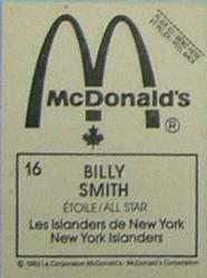 1982-83 McDonald's Stickers #16 Billy Smith Back