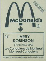 1982-83 McDonald's Stickers #17 Larry Robinson Back