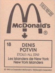 1982-83 McDonald's Stickers #18 Denis Potvin Back