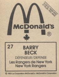 1982-83 McDonald's Stickers #27 Barry Beck Back