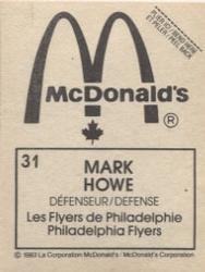 1982-83 McDonald's Stickers #31 Mark Howe Back