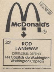 1982-83 McDonald's Stickers #32 Rod Langway Back