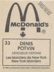 1982-83 McDonald's Stickers #33 Denis Potvin Back