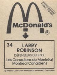 1982-83 McDonald's Stickers #34 Larry Robinson Back