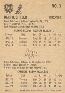 1974-75 Lipton Soup #3 Darryl Sittler Back