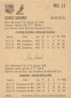 1974-75 Lipton Soup #11 Serge Savard Back