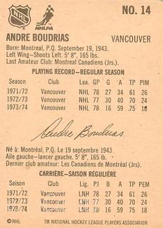 1974-75 Lipton Soup #14 Andre Boudrias Back