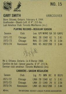 1974-75 Lipton Soup #15 Gary Smith Back