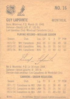 1974-75 Lipton Soup #16 Guy Lapointe Back