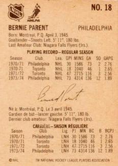 1974-75 Lipton Soup #18 Bernie Parent Back