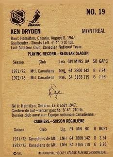 1974-75 Lipton Soup #19 Ken Dryden Back