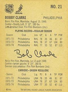 1974-75 Lipton Soup #21 Bobby Clarke Back