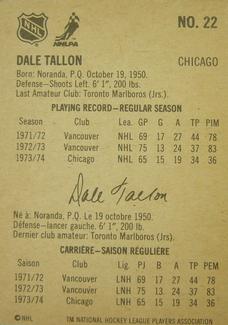 1974-75 Lipton Soup #22 Dale Tallon Back