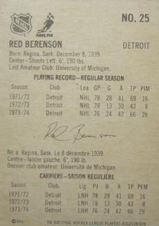 1974-75 Lipton Soup #25 Red Berenson Back