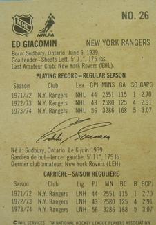 1974-75 Lipton Soup #26 Ed Giacomin Back