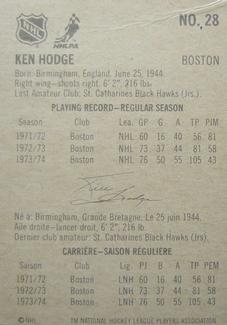 1974-75 Lipton Soup #28 Ken Hodge Back