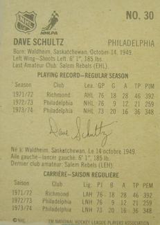 1974-75 Lipton Soup #30 Dave Schultz Back
