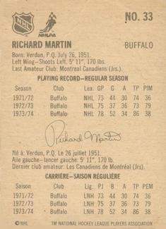 1974-75 Lipton Soup #33 Richard Martin Back
