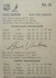1974-75 Lipton Soup #34 Steve Vickers Back