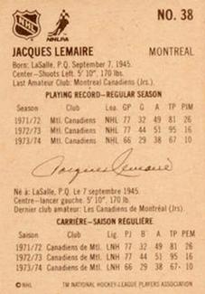 1974-75 Lipton Soup #38 Jacques Lemaire Back