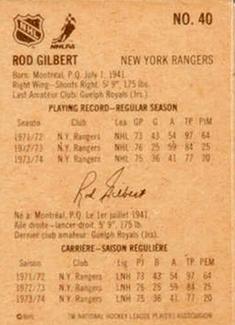 1974-75 Lipton Soup #40 Rod Gilbert Back