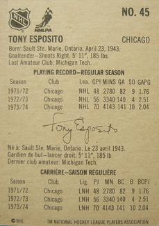1974-75 Lipton Soup #45 Tony Esposito Back