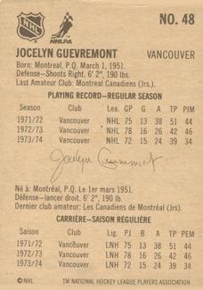 1974-75 Lipton Soup #48 Jocelyn Guevremont Back