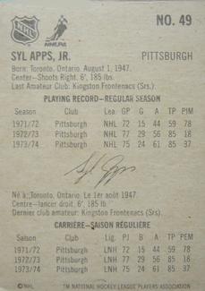 1974-75 Lipton Soup #49 Syl Apps Jr. Back