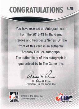 2012-13 In The Game Heroes and Prospects - Autographs #A-AD Anthony DeLuca Back