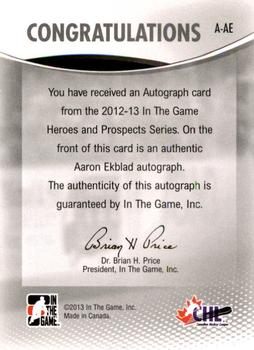 2012-13 In The Game Heroes and Prospects - Autographs #A-AE Aaron Ekblad Back