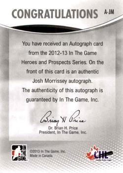 2012-13 In The Game Heroes and Prospects - Autographs #A-JM Josh Morrissey Back