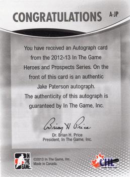 2012-13 In The Game Heroes and Prospects - Autographs #A-JP Jake Paterson Back