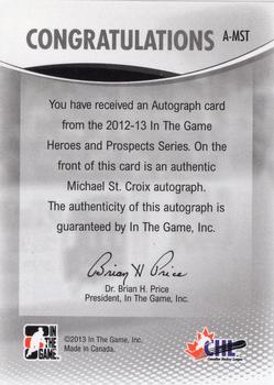 2012-13 In The Game Heroes and Prospects - Autographs #A-MST Michael St. Croix Back