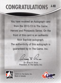2012-13 In The Game Heroes and Prospects - Autographs #A-NB Nick Baptiste Back