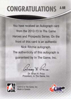 2012-13 In The Game Heroes and Prospects - Autographs #A-NR Nick Ritchie Back