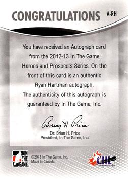 2012-13 In The Game Heroes and Prospects - Autographs #A-RH Ryan Hartman Back