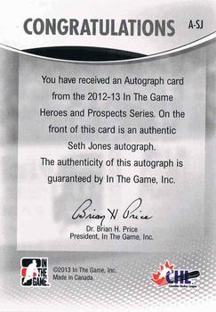 2012-13 In The Game Heroes and Prospects - Autographs #A-SJ Seth Jones Back