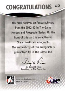 2012-13 In The Game Heroes and Prospects - Autographs #A-SK Slater Koekkoek Back