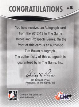 2012-13 In The Game Heroes and Prospects - Autographs #A-TB Tim Bozon Back