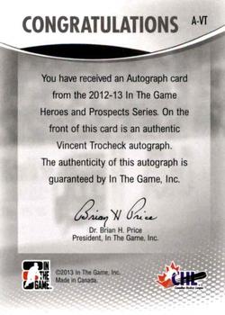 2012-13 In The Game Heroes and Prospects - Autographs #A-VT Vincent Trocheck Back