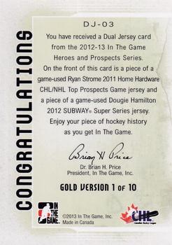 2012-13 In The Game Heroes and Prospects - Dual Jerseys Gold #DJ-03 Ryan Strome / Dougie Hamilton Back