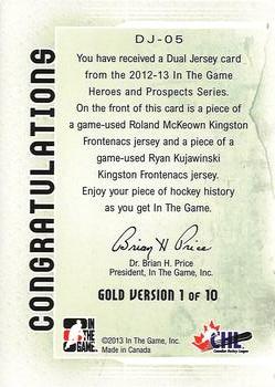 2012-13 In The Game Heroes and Prospects - Dual Jerseys Gold #DJ-05 Roland McKeown / Ryan Kujawinski Back