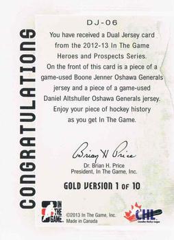 2012-13 In The Game Heroes and Prospects - Dual Jerseys Gold #DJ-06 Boone Jenner / Daniel Altshuller Back