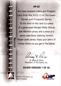 2012-13 In The Game Heroes and Prospects - Hero and Prospect Jerseys #HP-02 Borje Salming / Morgan Rielly Back