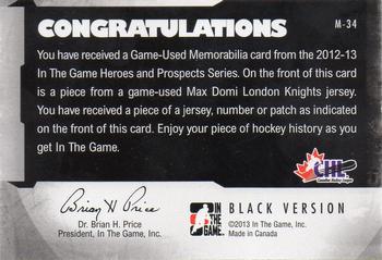 2012-13 In The Game Heroes and Prospects - Jersey Black #M-34 Max Domi Back