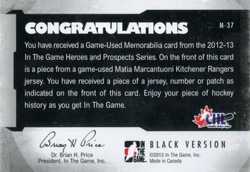 2012-13 In The Game Heroes and Prospects - Jersey Black #M-37 Matia Marcantuoni Back