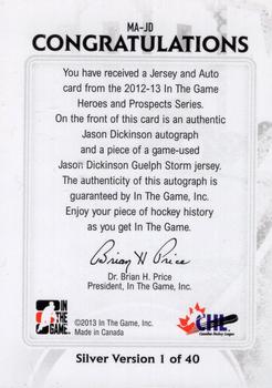 2012-13 In The Game Heroes and Prospects - Jersey Autographs #MA-JD Jason Dickinson Back