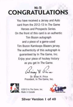 2012-13 In The Game Heroes and Prospects - Jersey Autographs #MA-TB Tim Bozon Back