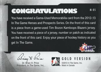 2012-13 In The Game Heroes and Prospects - Jersey Patches Gold #M-05 Tim Bozon Back
