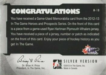 2012-13 In The Game Heroes and Prospects - Jersey Patches Silver #M-18 Ryan Hartman Back